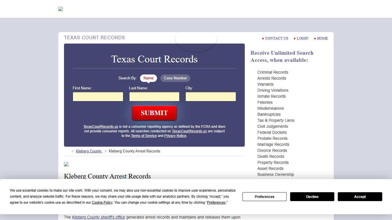 Kleberg County Arrest Records TexasCourtRecords.us